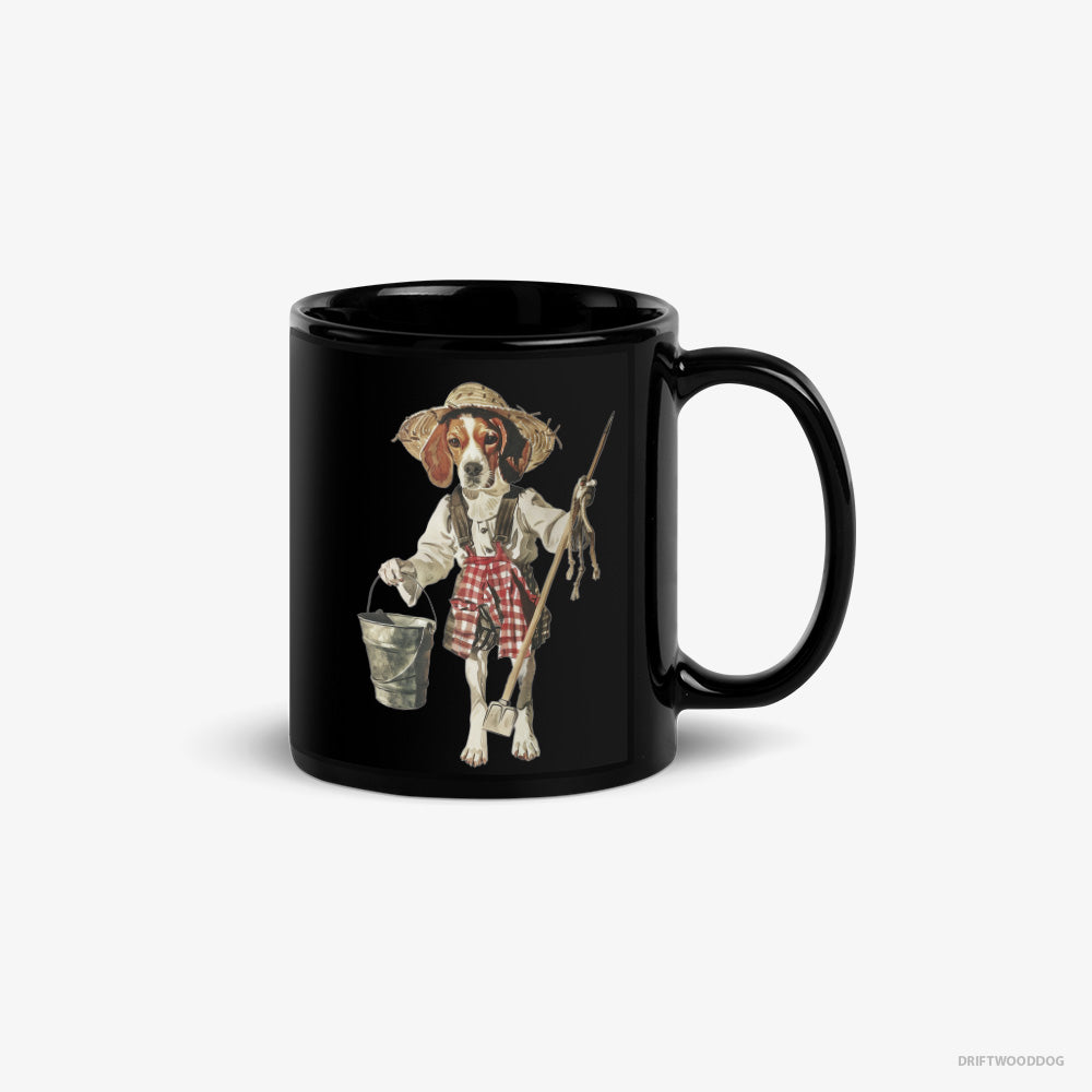 Beagle Mug – Unisex Black Mug Classic – Dressed as a Farmer (on White Background)