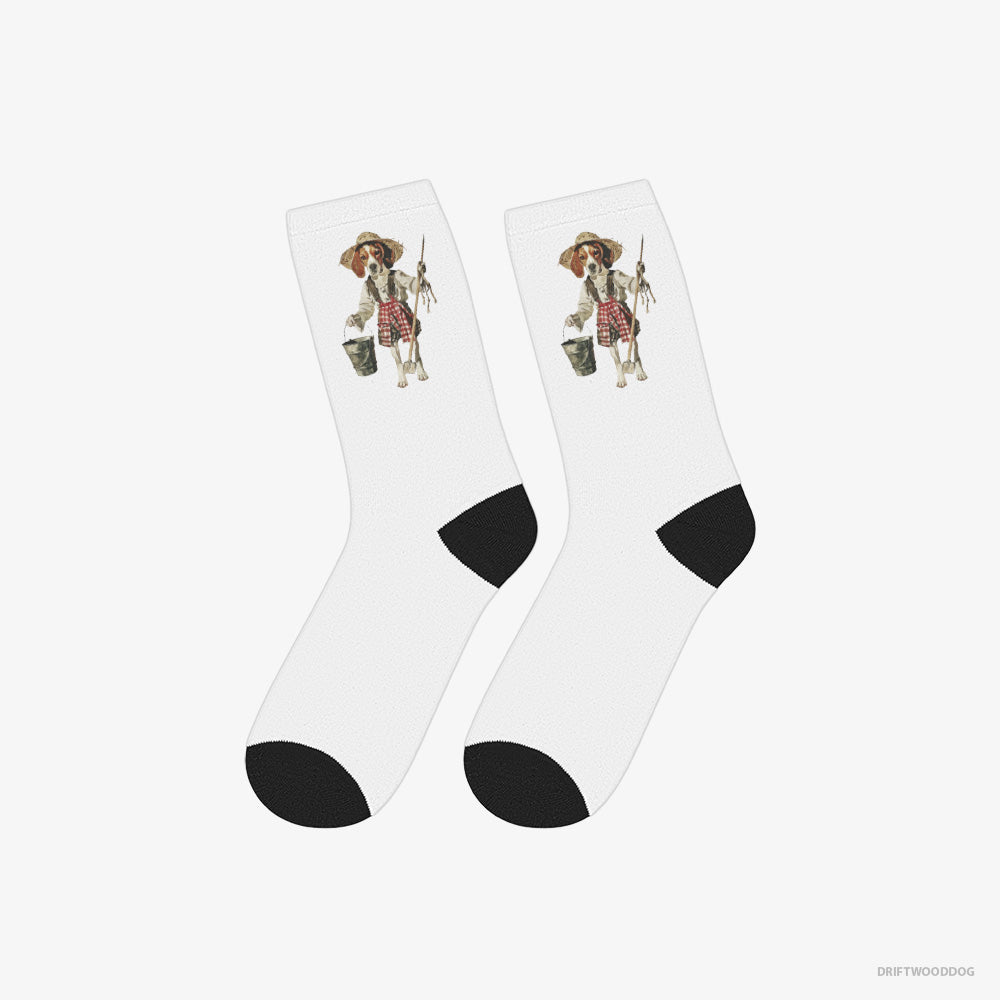 Beagle Socks – Unisex White Socks Classic – Dressed as a Farmer (on White Background)