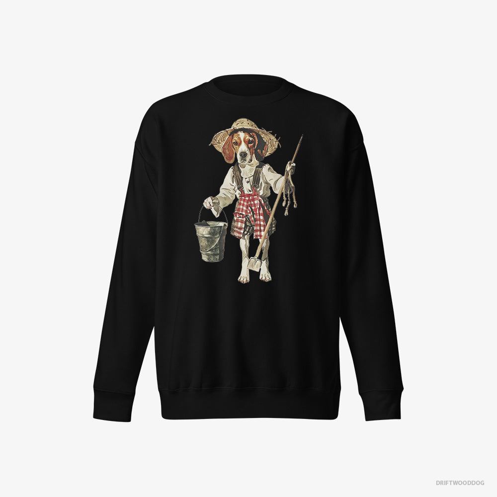 Beagle Sweatshirt – Men Black Sweatshirt Eco-Friendly – Dressed as a Farmer (on White Background)