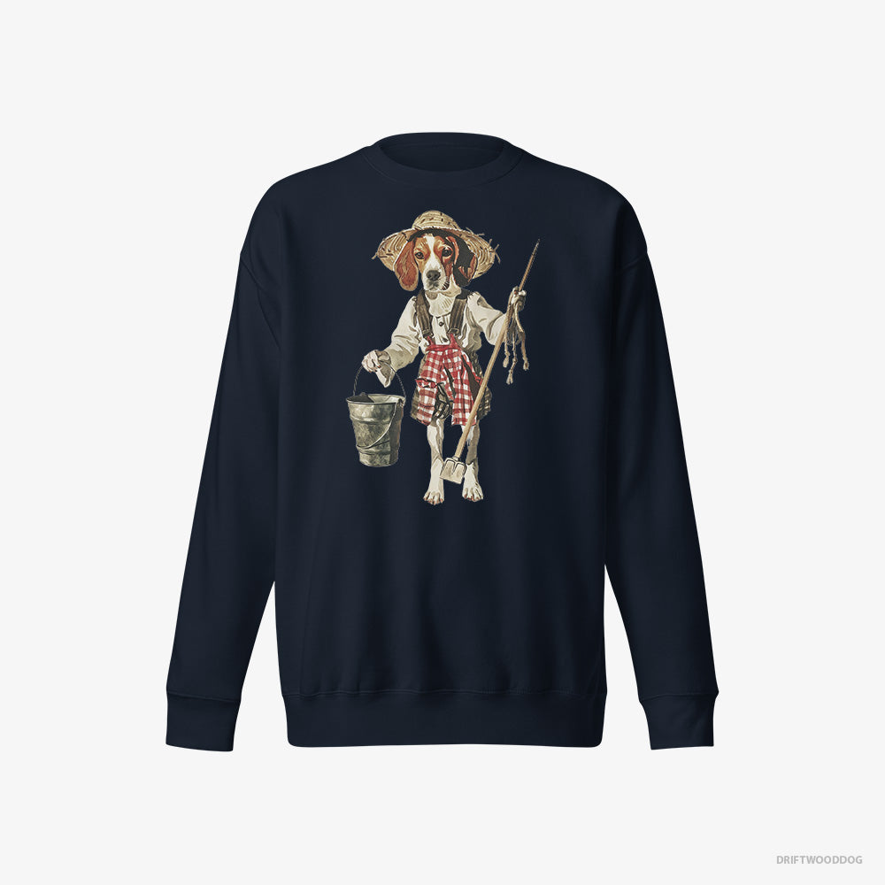 Beagle Sweatshirt – Men Navy Sweatshirt Eco-Friendly – Dressed as a Farmer (on White Background)