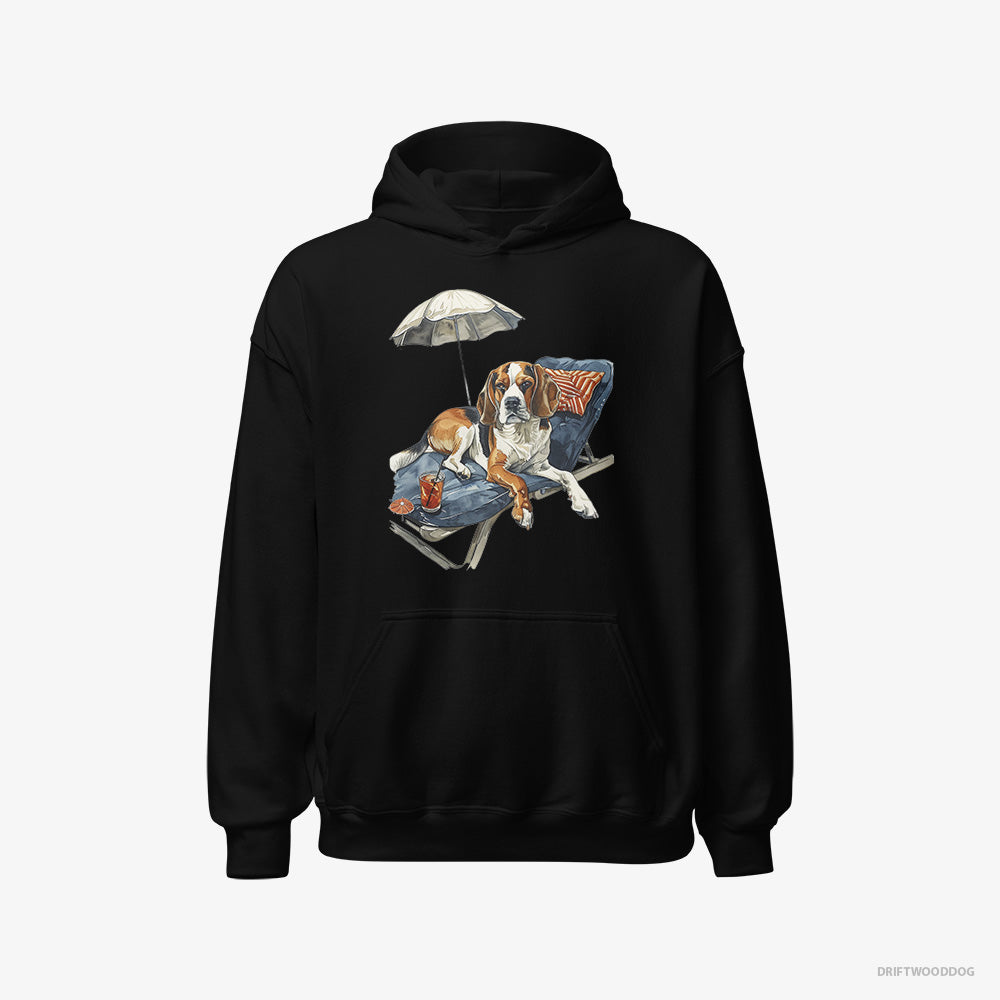 Beagle Hoodie – Men Black Hoodie Classic – Resting on a Beach Chair (on White Background)