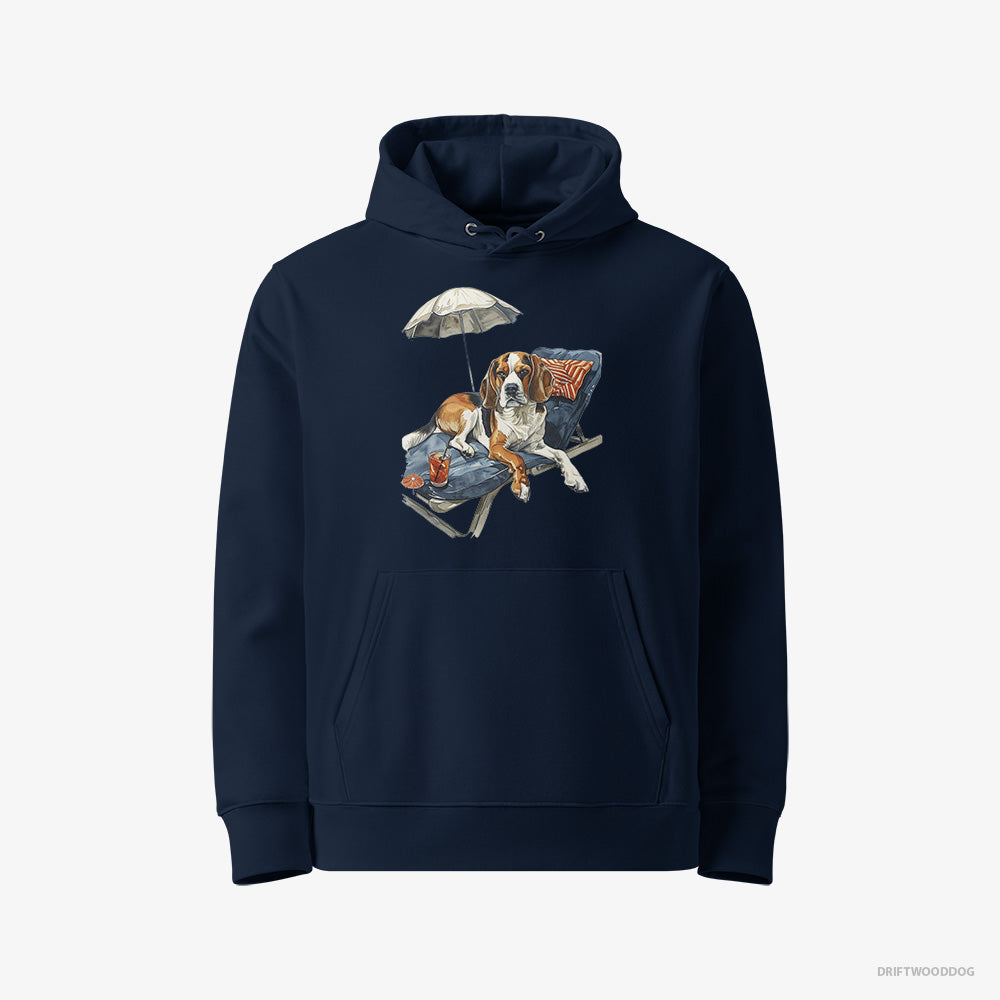 Beagle Hoodie – Women Navy Hoodie Eco-Friendly – Resting on a Beach Chair (on White Background)