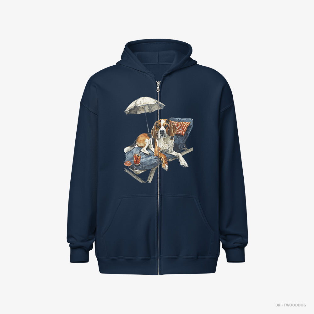 Beagle Hoodie – Men Navy Hoodie Full-Zip – Resting on a Beach Chair (on White Background)