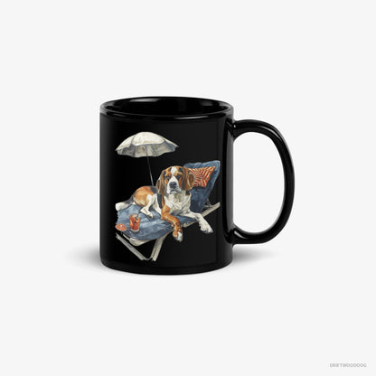 Beagle Mug – Unisex Black Mug Classic – Resting on a Beach Chair (on White Background)