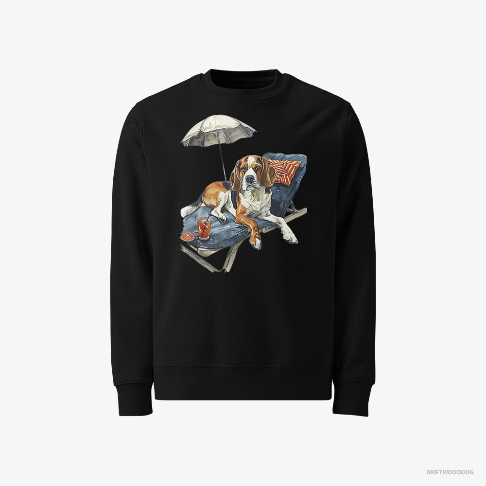 Beagle Sweatshirt – Men Black Sweatshirt Classic – Resting on a Beach Chair (on White Background)