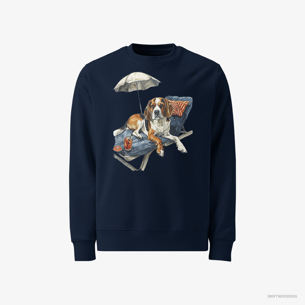 Beagle Sweatshirt – Men Navy Sweatshirt Classic – Resting on a Beach Chair (on White Background)