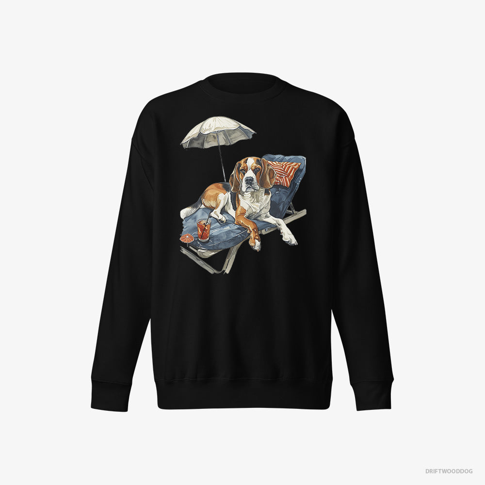 Beagle Sweatshirt – Men Black Sweatshirt Eco-Friendly – Resting on a Beach Chair (on White Background)