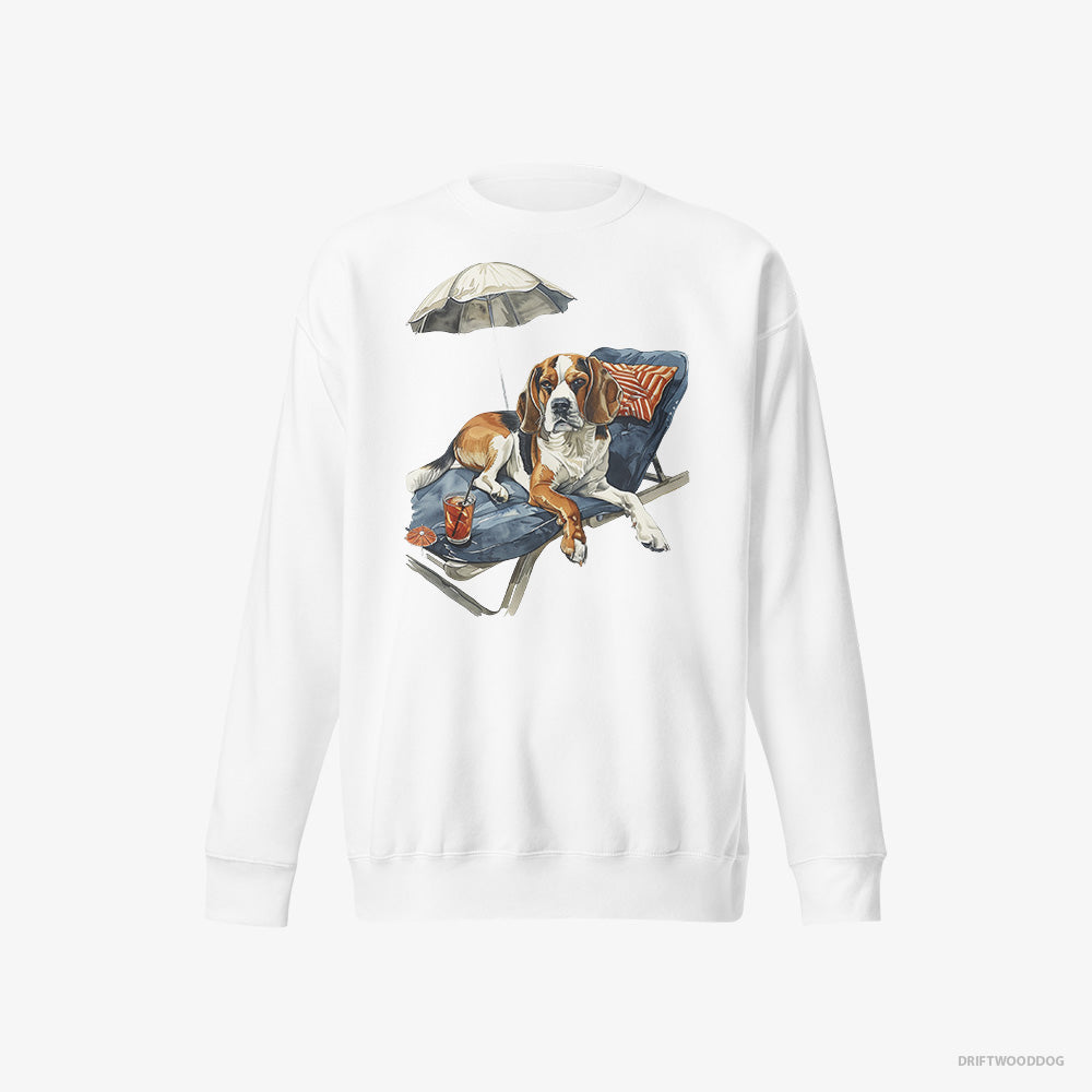 Beagle Sweatshirt – Men White Sweatshirt Eco-Friendly – Resting on a Beach Chair (on White Background)