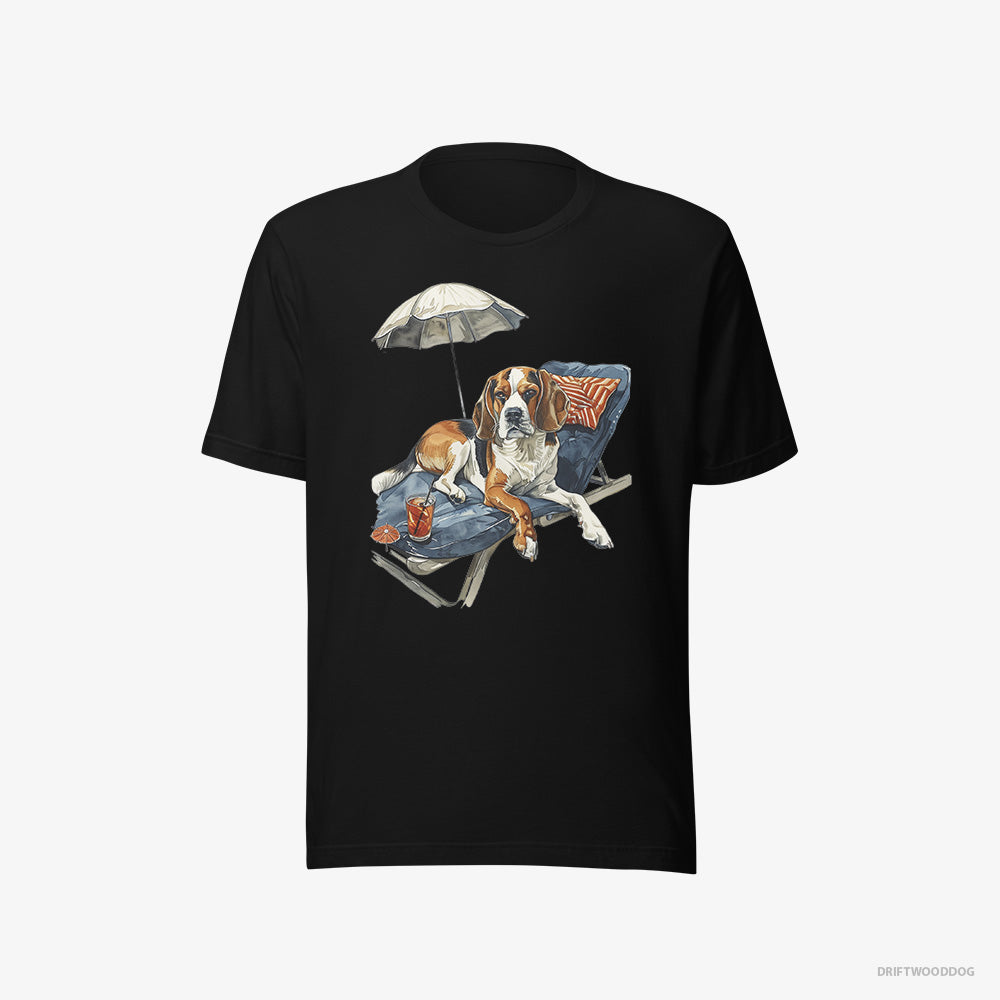 Beagle T-Shirt – Men Black T-Shirt Eco-Friendly – Resting on a Beach Chair (on White Background)