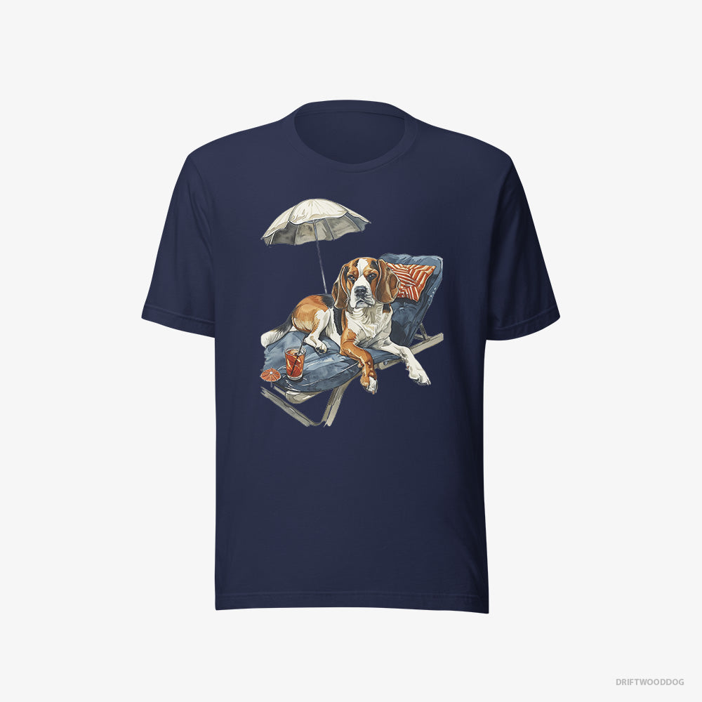 Beagle T-Shirt – Women Navy T-Shirt Eco-Friendly – Resting on a Beach Chair (on White Background)