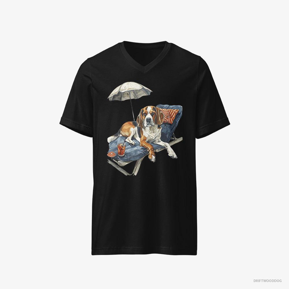 Beagle T-Shirt – Men Black T-Shirt V-Neck – Resting on a Beach Chair (on White Background)