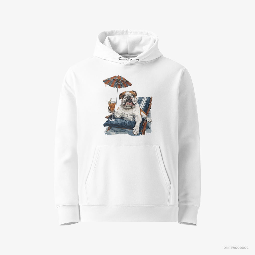 Bulldog Hoodie – Men White Hoodie Eco-Friendly – Lying on a Sun Lounger with a Cocktail (on White Background)