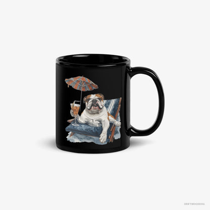 Bulldog Mug – Unisex Black Mug Classic – Lying on a Sun Lounger with a Cocktail (on White Background)