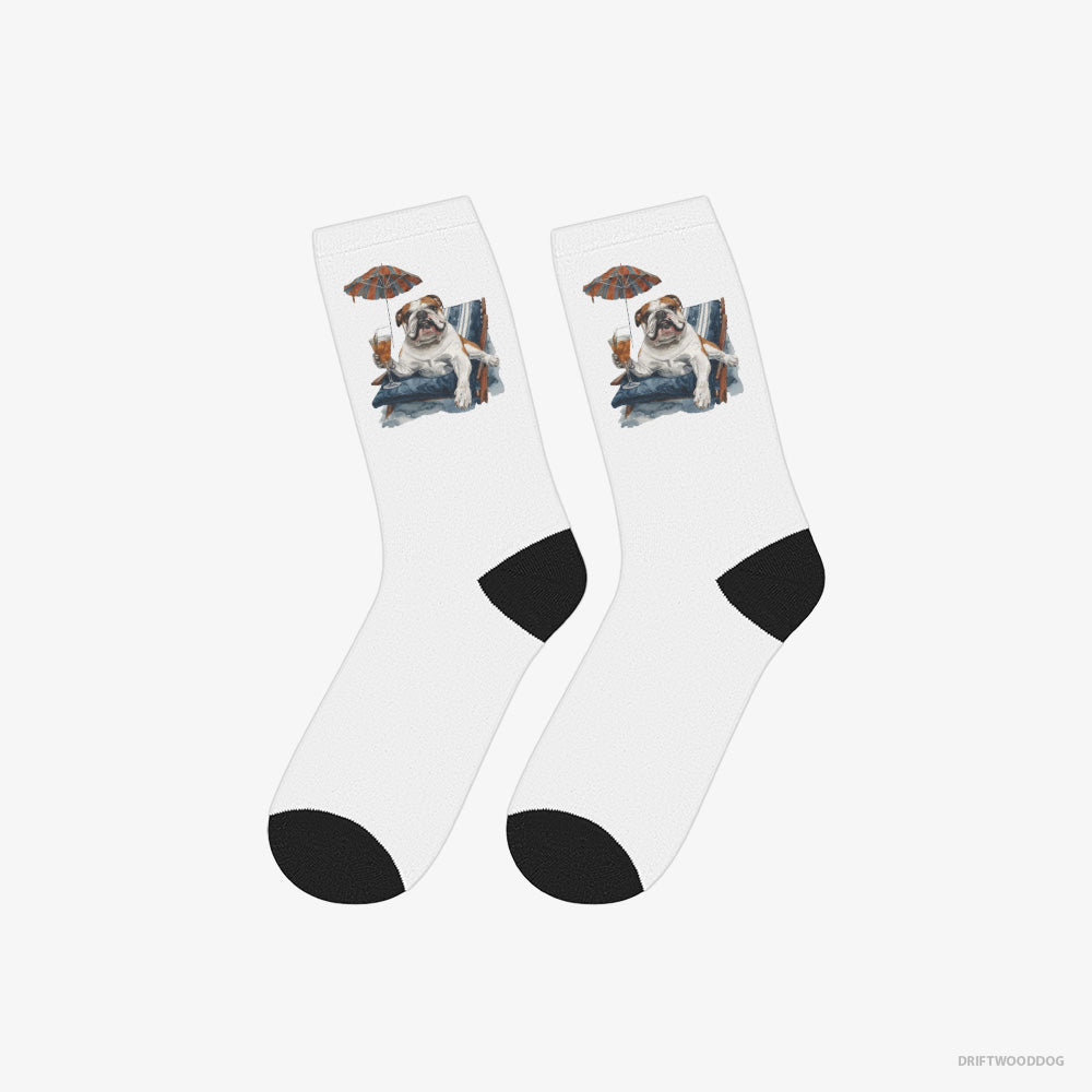 Bulldog Socks – Unisex White Socks Classic – Lying on a Sun Lounger with a Cocktail (on White Background)