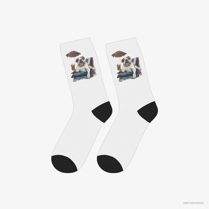 Bulldog Socks – Unisex White Socks Eco-Friendly – Lying on a Sun Lounger with a Cocktail (on White Background)