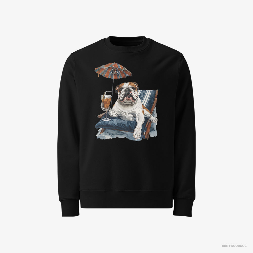 Bulldog Sweatshirt – Men Black Sweatshirt Classic – Lying on a Sun Lounger with a Cocktail (on White Background)