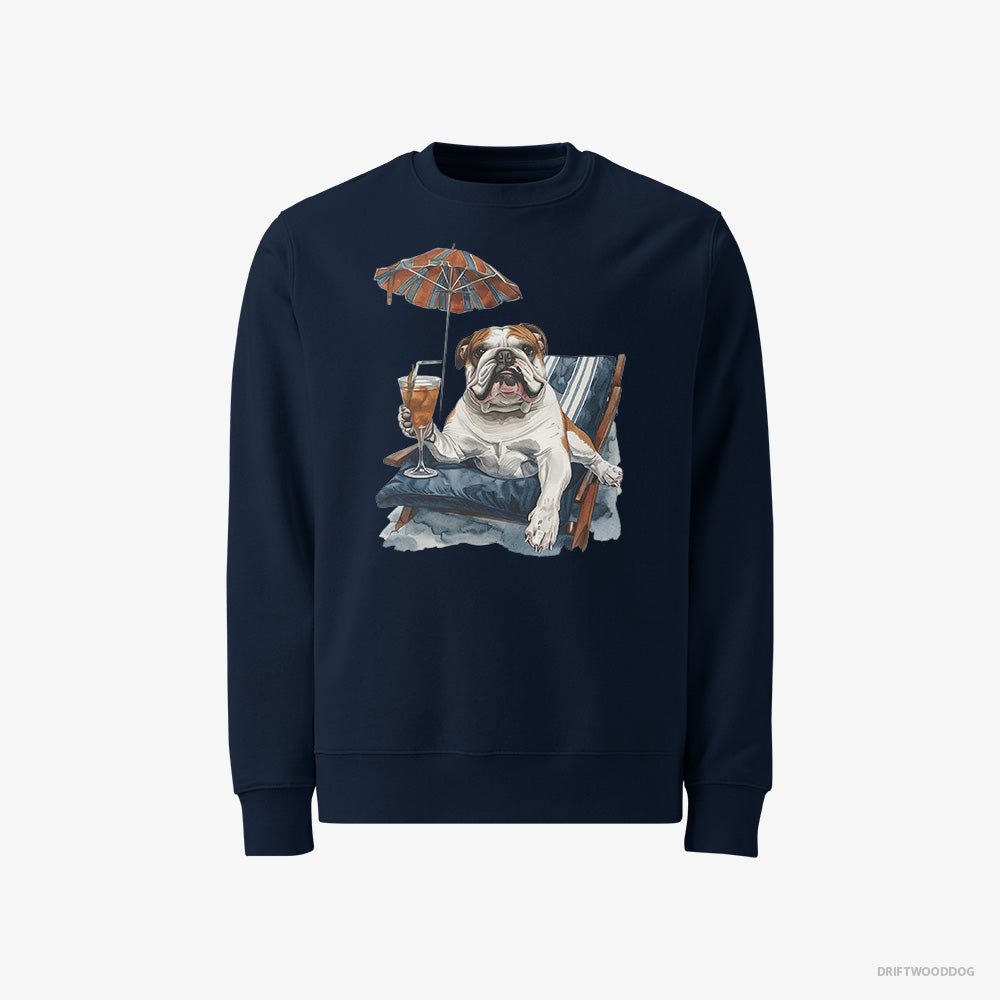 Bulldog Sweatshirt – Men Navy Sweatshirt Classic – Lying on a Sun Lounger with a Cocktail (on White Background)