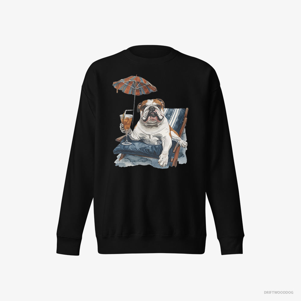 Bulldog Sweatshirt – Women Black Sweatshirt Eco-Friendly – Lying on a Sun Lounger with a Cocktail (on White Background)