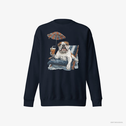 Bulldog Sweatshirt – Men Navy Sweatshirt Eco-Friendly – Lying on a Sun Lounger with a Cocktail (on White Background)