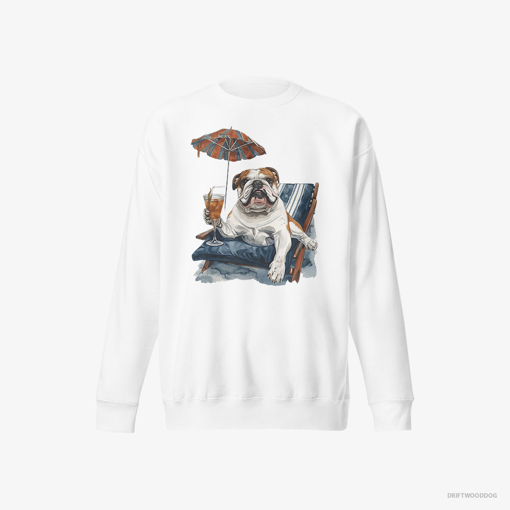 Bulldog Sweatshirt – Men White Sweatshirt Eco-Friendly – Lying on a Sun Lounger with a Cocktail (on White Background)