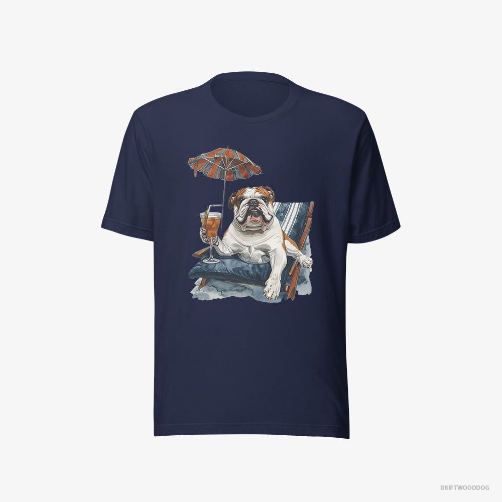 Bulldog T-Shirt – Women Navy T-Shirt Eco-Friendly – Lying on a Sun Lounger with a Cocktail (on White Background)