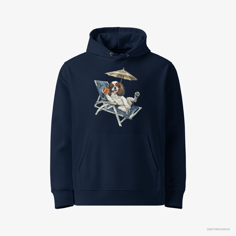 Cavalier King Charles Spaniel Hoodie – Men Navy Hoodie Eco-Friendly – Lying on a Sun Lounger (on White Background)