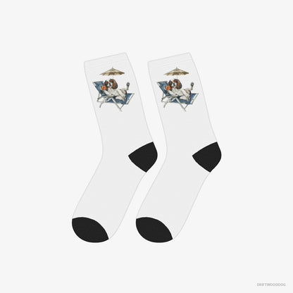 Cavalier King Charles Spaniel Socks – Unisex White Socks Classic – Lying on a Sun Lounger (on White Background)