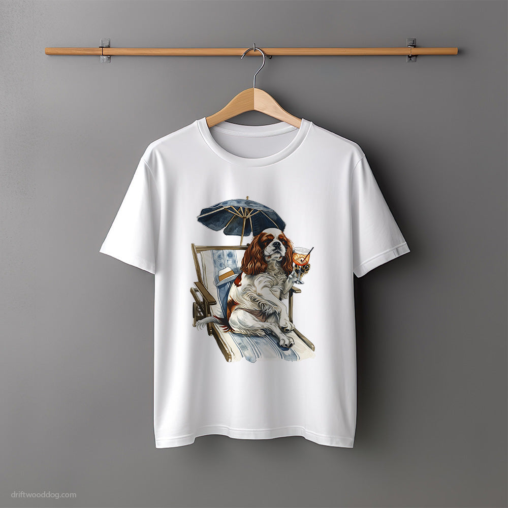 Cute Cavalier King Charles Spaniel Relaxing on a Sunbed T-Shirt – Unisex Tee for Dog Lovers