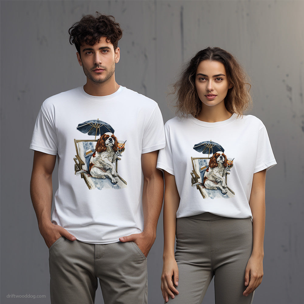 Cute Cavalier King Charles Spaniel Relaxing on a Sunbed T-Shirt – Unisex T-Shirt for Dog Lovers 