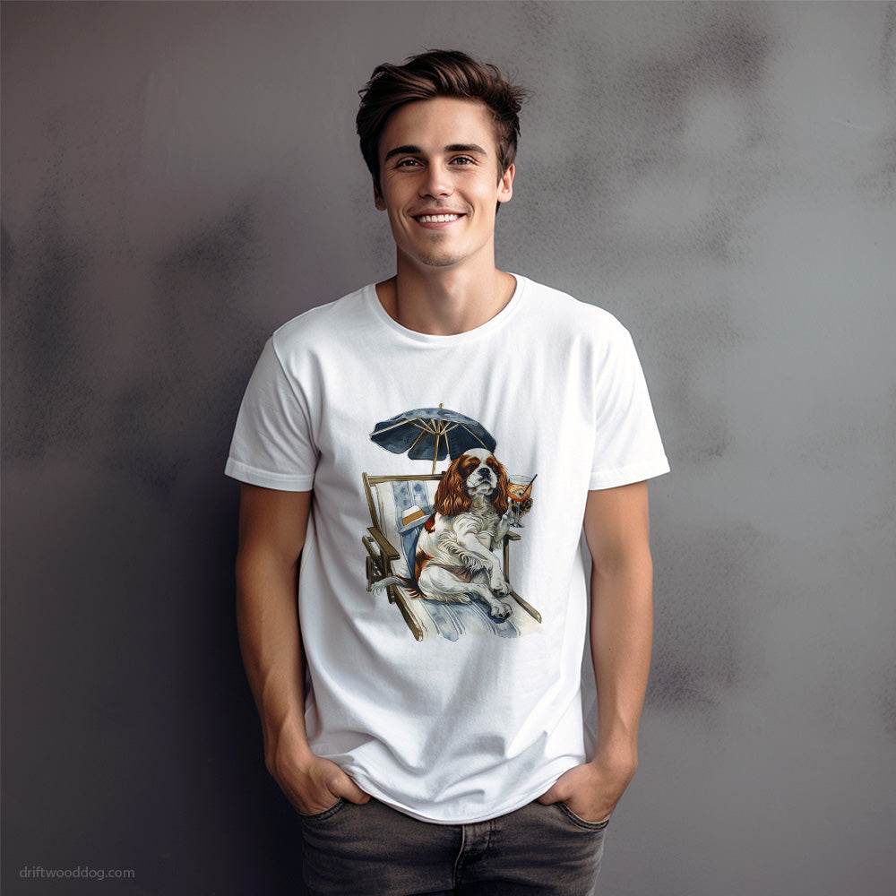 Cute Cavalier King Charles Spaniel Relaxing on a Sunbed T-Shirt – Dog Graphic Tee for Men