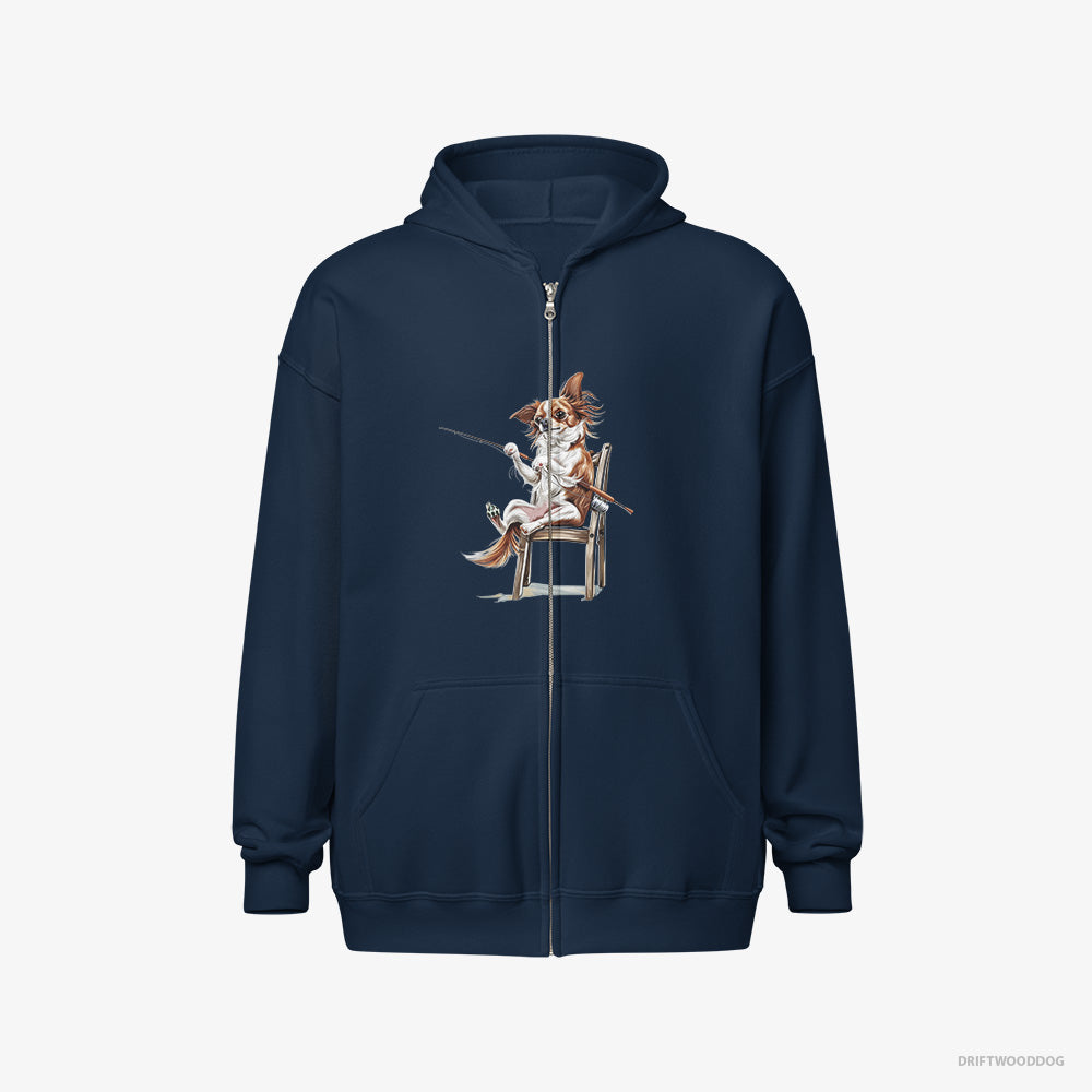 Chihuahua Hoodie – Men Navy Hoodie Full-Zip – with a Fishing Rod (on White Background)