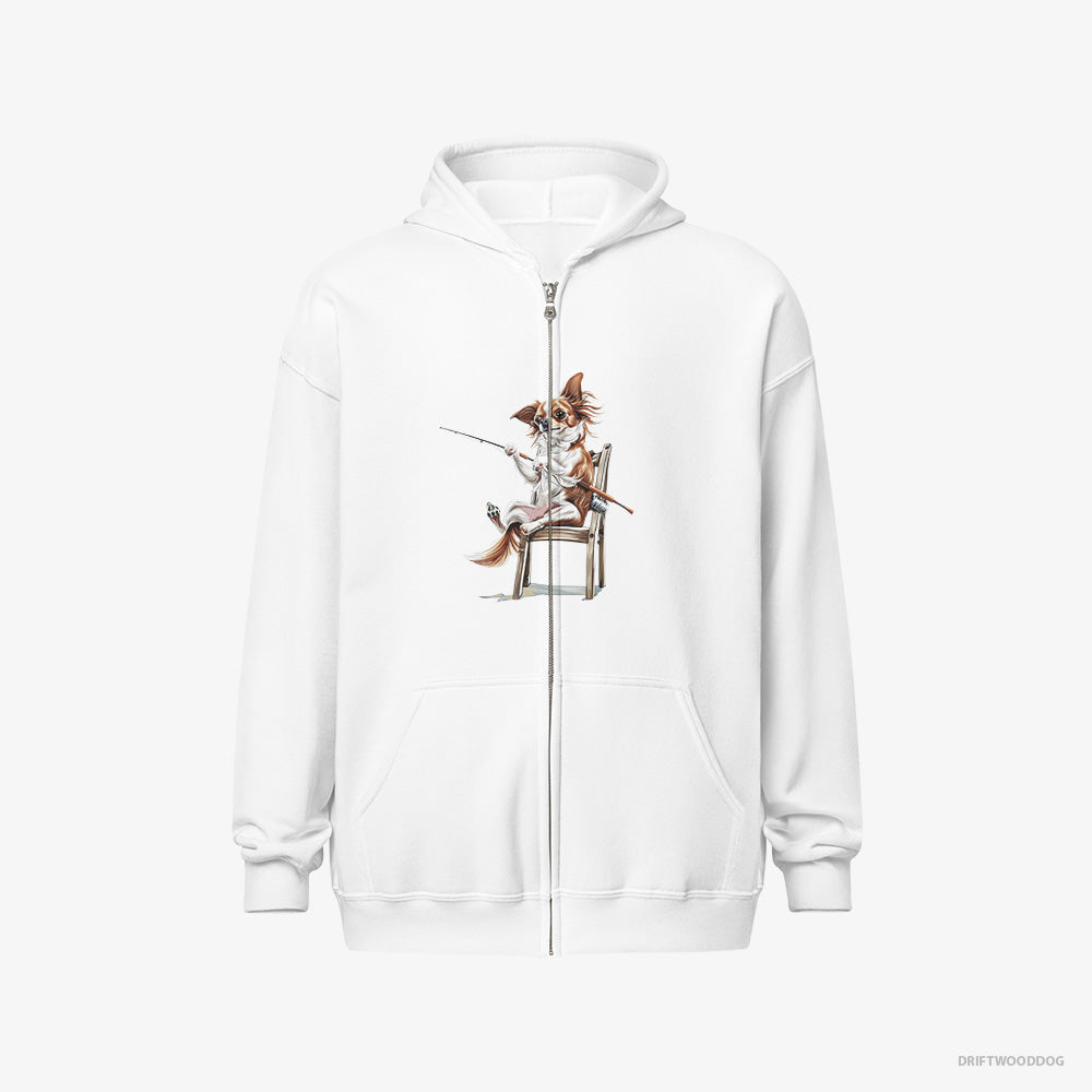 Chihuahua Hoodie – Women White Hoodie Full-Zip – with a Fishing Rod (on White Background)