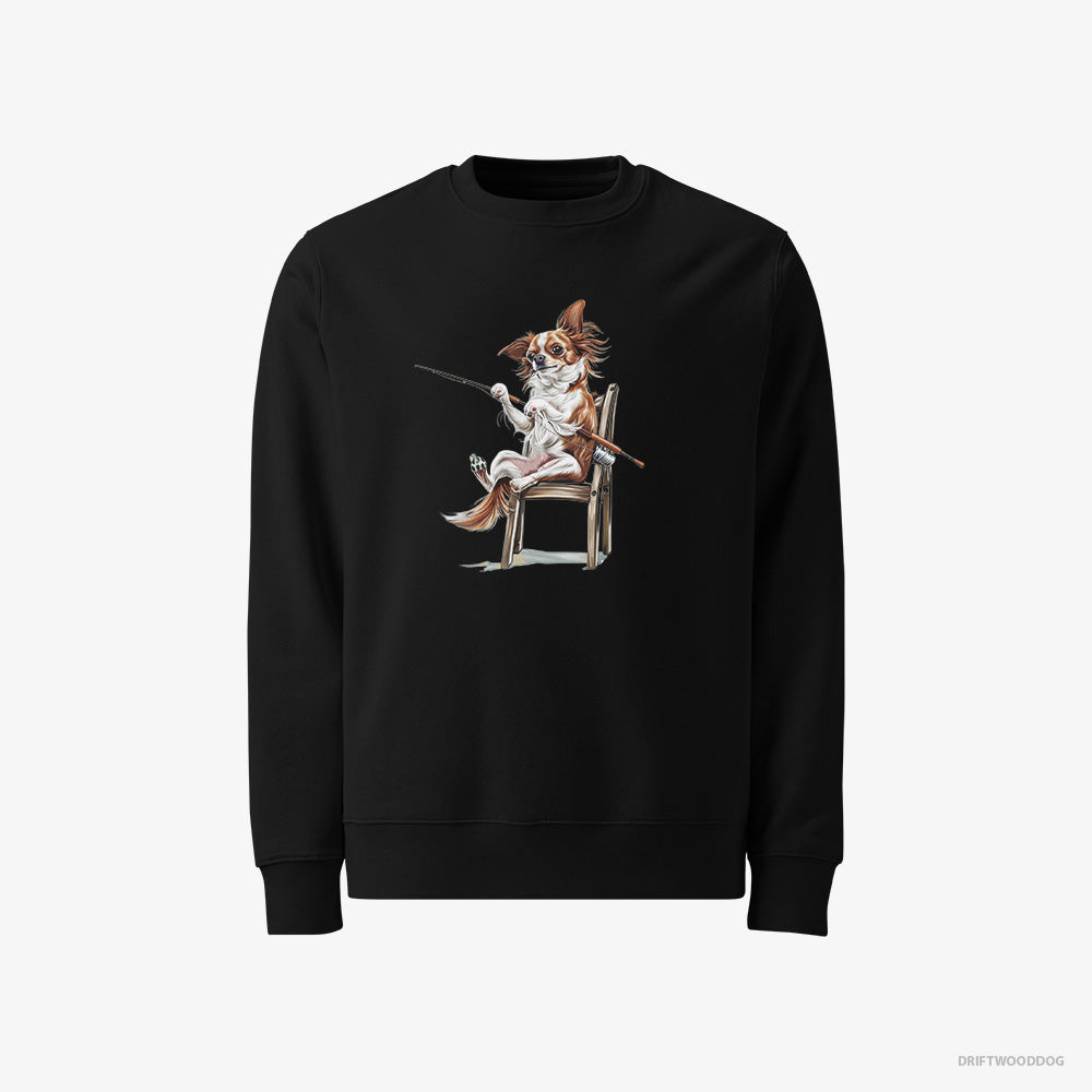 Chihuahua Sweatshirt – Men Black Sweatshirt Classic – with a Fishing Rod (on White Background)