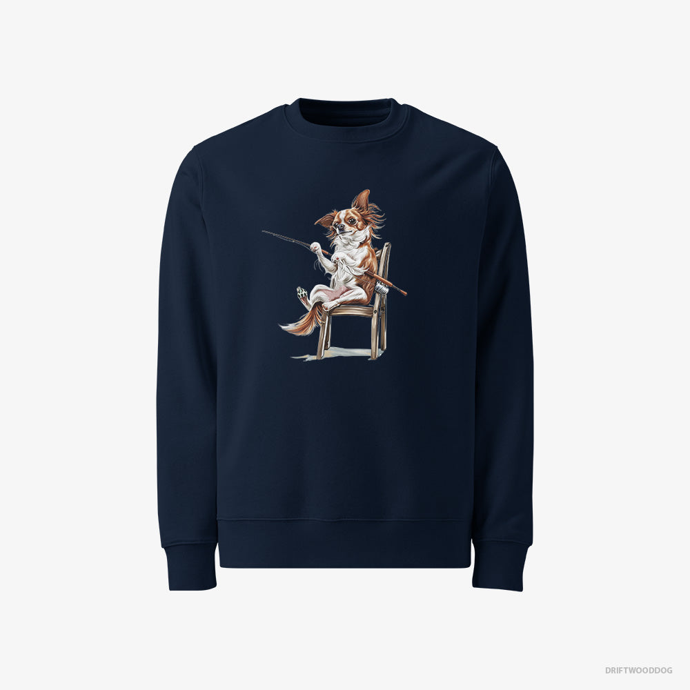 Chihuahua Sweatshirt – Men Navy Sweatshirt Classic – with a Fishing Rod (on White Background)