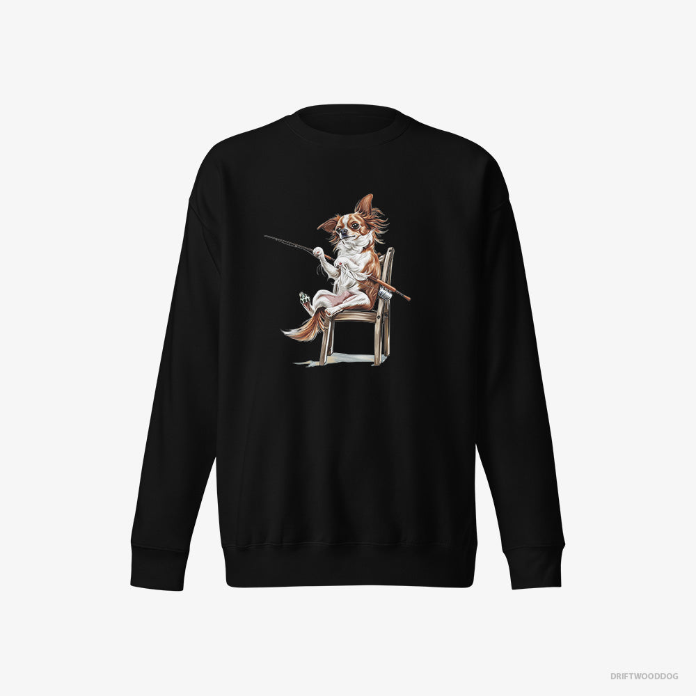 Chihuahua Sweatshirt – Women Black Sweatshirt Eco-Friendly – with a Fishing Rod (on White Background)