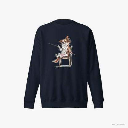 Chihuahua Sweatshirt – Women Navy Sweatshirt Eco-Friendly – with a Fishing Rod (on White Background)