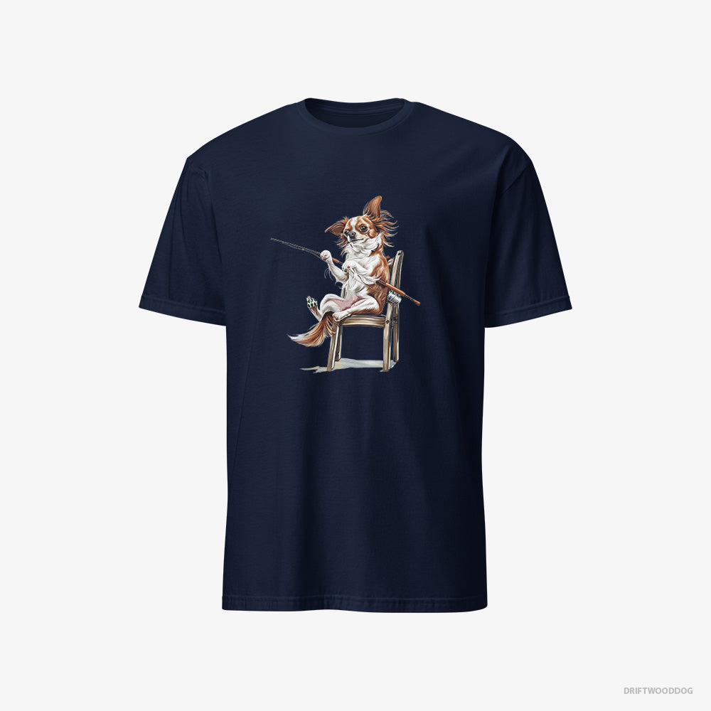 Chihuahua T-Shirt – Men Navy T-Shirt Classic – with a Fishing Rod (on White Background)