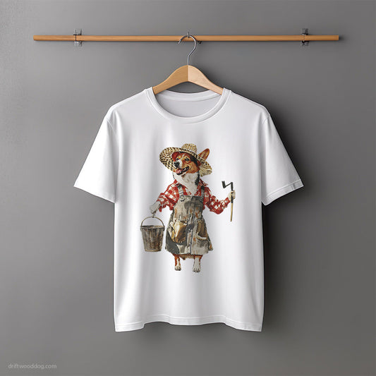 Happy Corgi Dressed as a Farmer T-Shirt – Unisex Tee for Dog Lovers