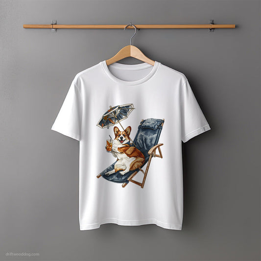 Corgi Lying on a Sun Lounger with a Cocktail T-Shirt – Unisex Tee for Dog Lovers