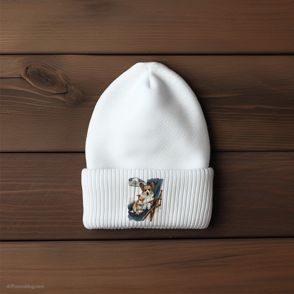 Corgi Resting on a Beach Chair Beanie – Unisex Beanie for Dog Lovers