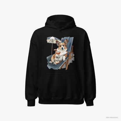 Corgi Hoodie – Men Black Hoodie Classic – Resting on a Beach Chair (on White Background)