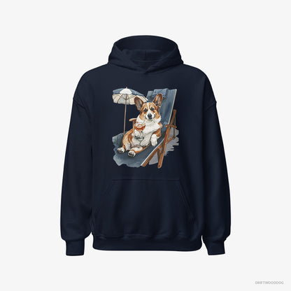 Corgi Resting on a Beach Chair Navy Hoodie