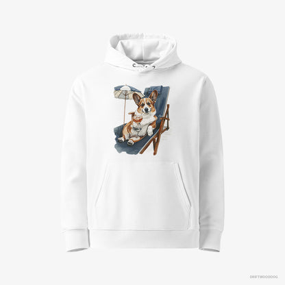 Corgi Hoodie – Men White Hoodie Eco-Friendly – Resting on a Beach Chair (on White Background)