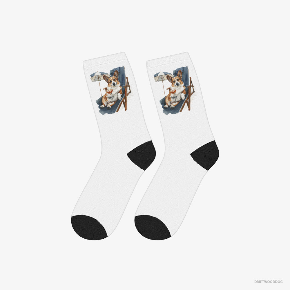 Corgi Socks – Unisex White Socks Classic – Resting on a Beach Chair (on White Background)