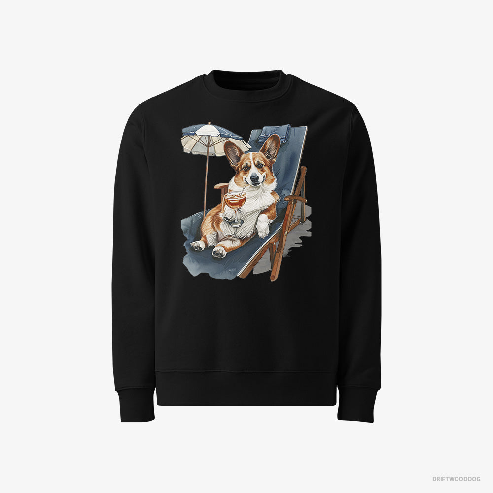 Corgi Sweatshirt – Men Black Sweatshirt Classic – Resting on a Beach Chair (on White Background)