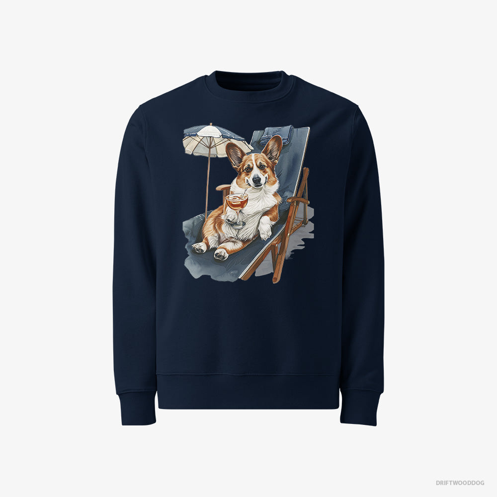 Corgi Sweatshirt – Men Navy Sweatshirt Classic – Resting on a Beach Chair (on White Background)