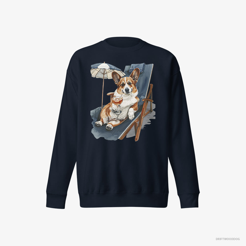 Corgi Sweatshirt – Men Navy Sweatshirt Eco-Friendly – Resting on a Beach Chair (on White Background)