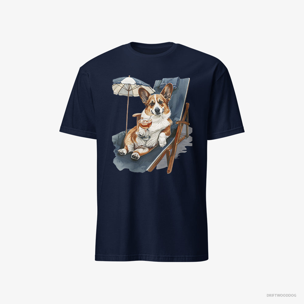 Corgi T-Shirt – Men Navy T-Shirt Classic – Resting on a Beach Chair (on White Background)