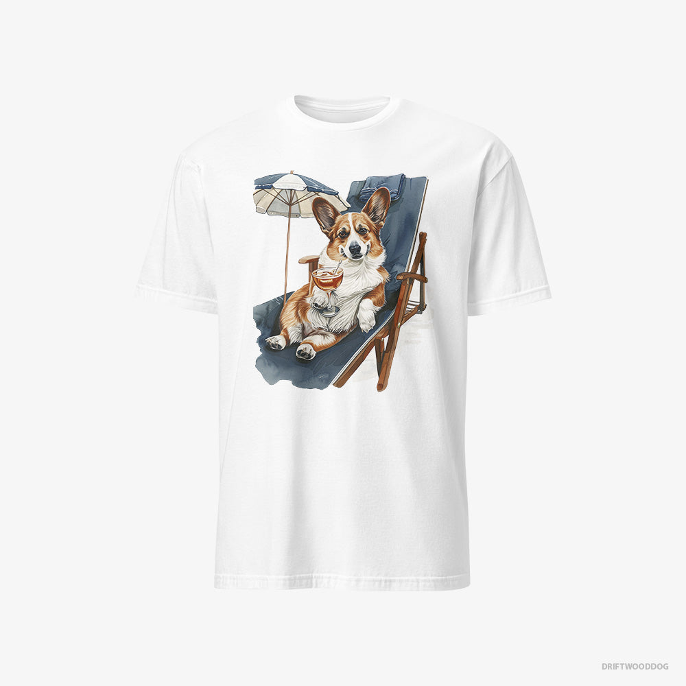 Corgi T-Shirt – Men White T-Shirt Classic – Resting on a Beach Chair (on White Background)