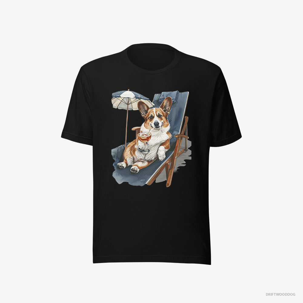 Corgi T-Shirt – Men Black T-Shirt Eco-Friendly – Resting on a Beach Chair (on White Background)